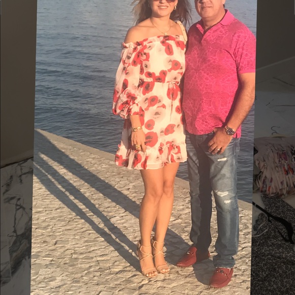 🤍NICHOLAS Poppy Floral Off-the-shoulder Silk mini Dress Red/white ❤️ - Picture 4 of 13